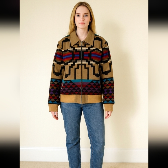 Pendleton Sophisticates Wool Navajo Bomber Beige Black‎ Red Blue Size Large - Picture 2 of 11